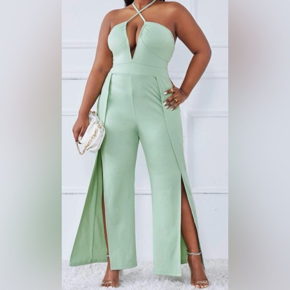 🔴SHEIN 3XL Sage Green Halter Jumpsuit with Split Leg EUC measurements in pics